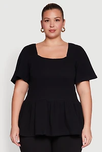 Womens Plus Size Smocked Square Neck Peplum Top, Black, Size 2X