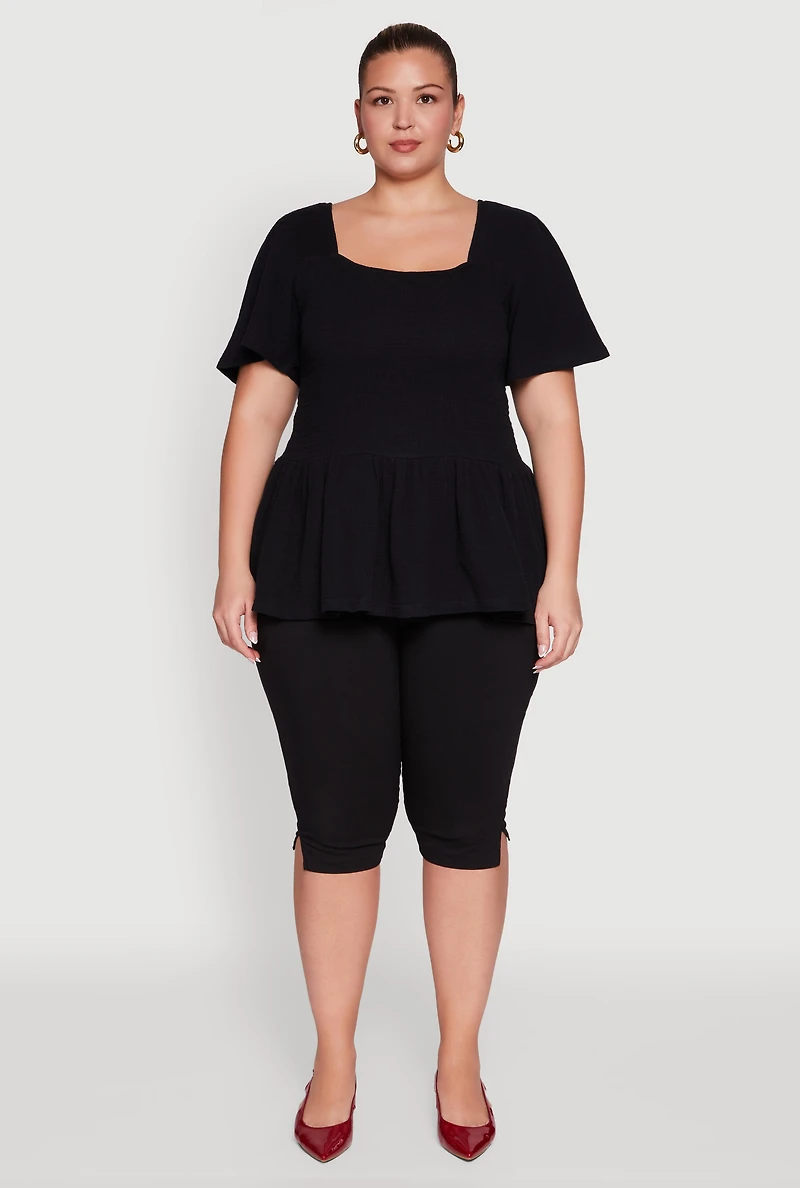 Womens Plus Size Smocked Square Neck Peplum Top, Black, Size 2X