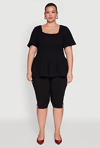Womens Plus Size Smocked Square Neck Peplum Top, Black, Size 2X
