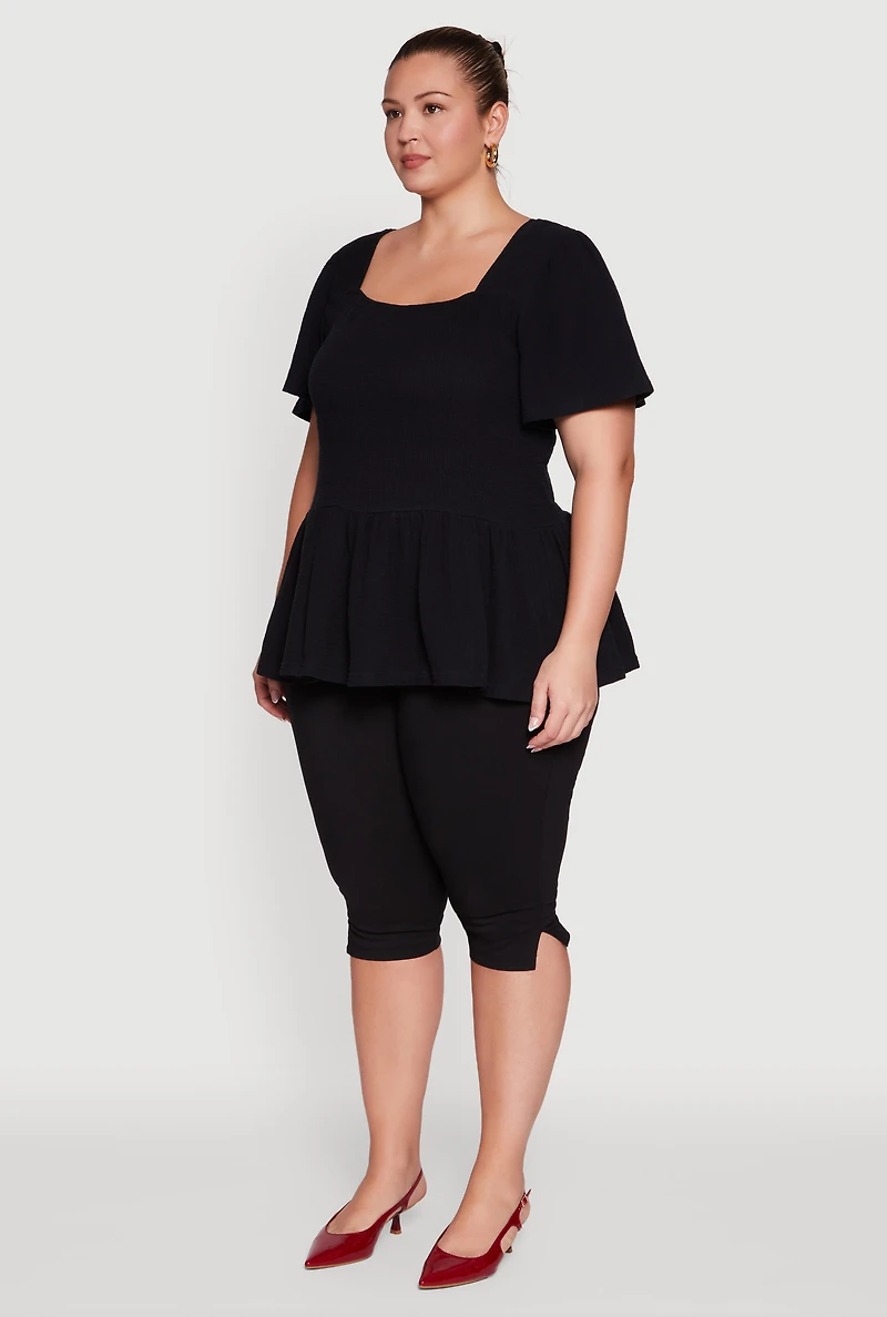 Womens Plus Size Smocked Square Neck Peplum Top, Black, Size 2X