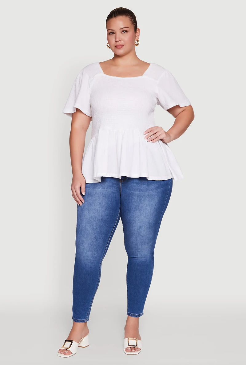 Womens Plus Size Smocked Square Neck Peplum Top, White, Size 3X