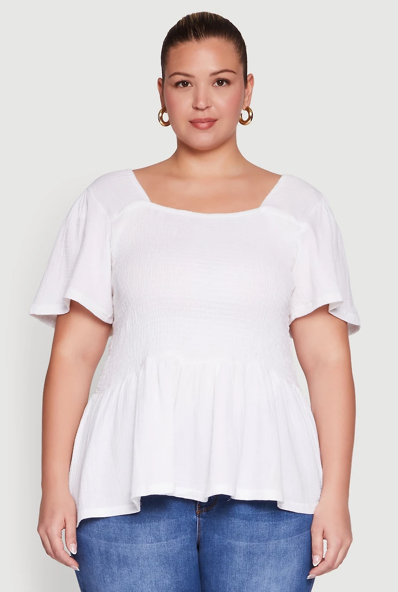 Womens Plus Size Smocked Square Neck Peplum Top, White, Size 3X