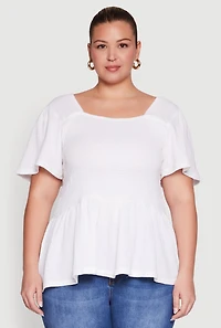 Womens Plus Size Smocked Square Neck Peplum Top, White, Size 3X
