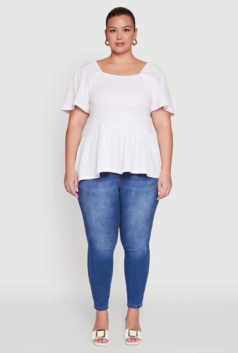 Womens Plus Size Smocked Square Neck Peplum Top, White, Size 3X