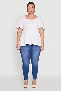 Womens Plus Size Smocked Square Neck Peplum Top, White, Size 3X