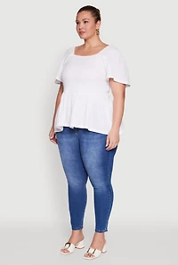 Womens Plus Size Smocked Square Neck Peplum Top, White, Size 3X