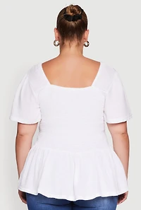 Womens Plus Size Smocked Square Neck Peplum Top, White, Size 3X