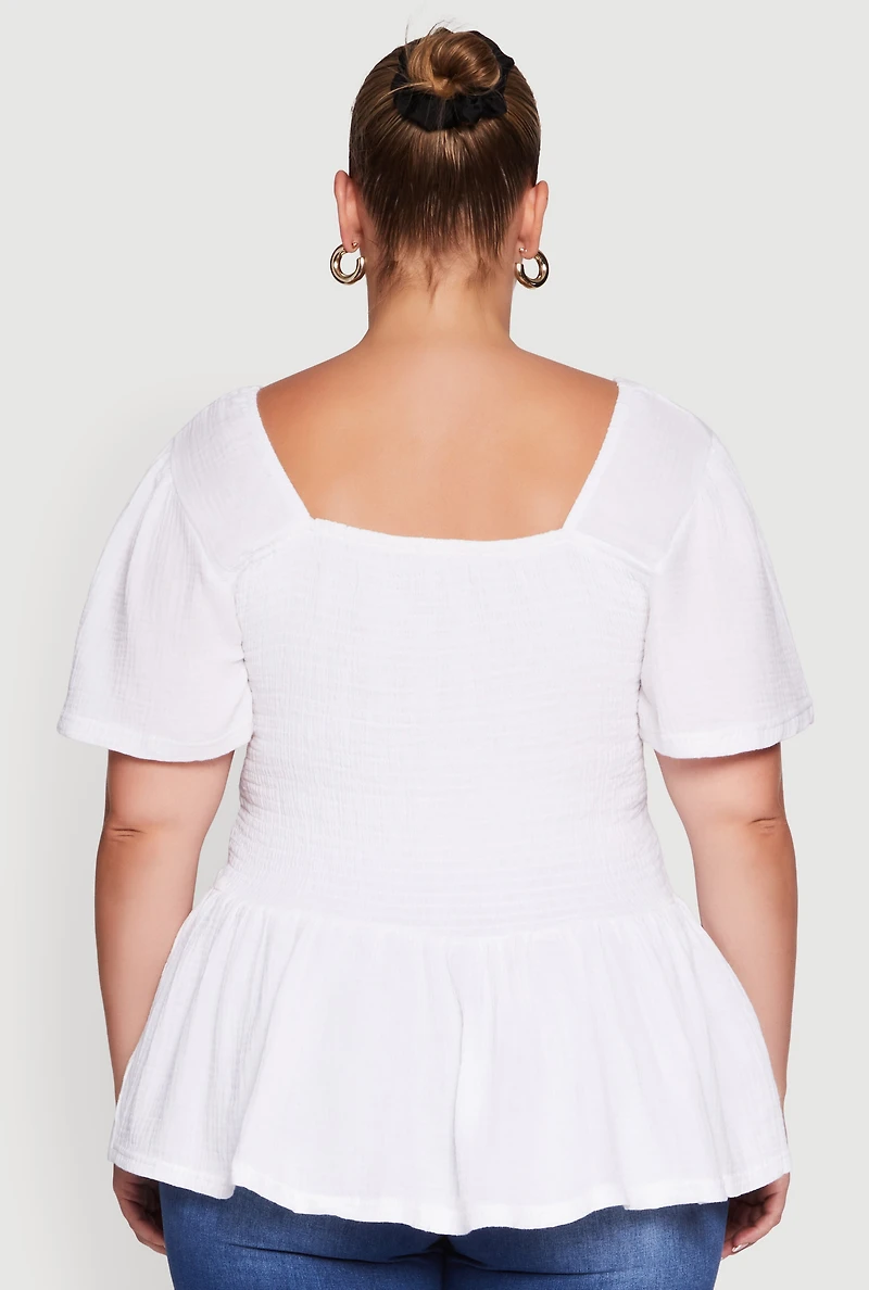 Plus Smocked Square Neck Peplum Top