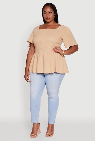 Womens Plus Smocked Square Neck Peplum Top,