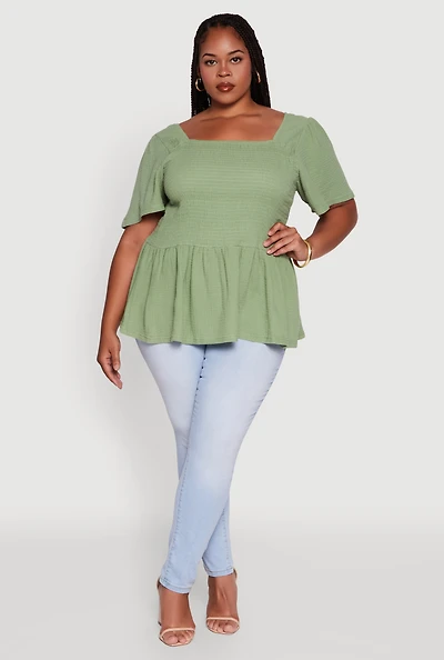 Womens Plus Smocked Square Neck Peplum Top, 4X
