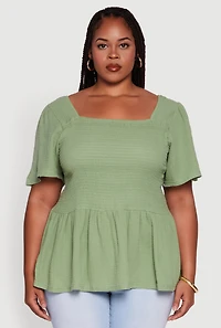 Womens Plus Smocked Square Neck Peplum Top, 4X
