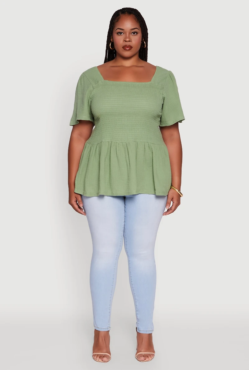 Womens Plus Size Smocked Square Neck Peplum Top, Green, Size 3X