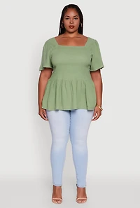Womens Plus Size Smocked Square Neck Peplum Top, Green, Size 3X