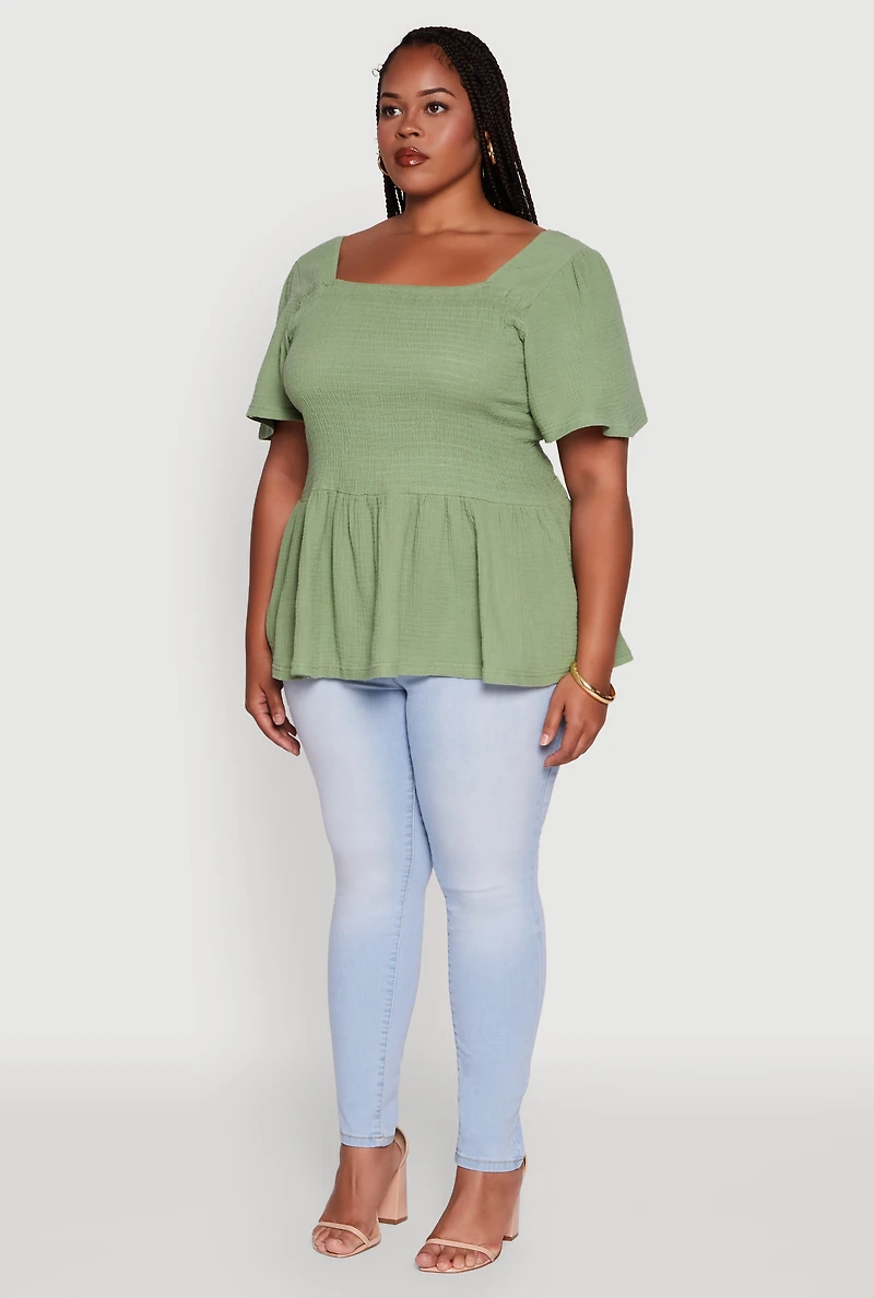 Womens Plus Size Smocked Square Neck Peplum Top, Green, Size 3X