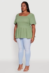 Womens Plus Size Smocked Square Neck Peplum Top, Green, Size 3X