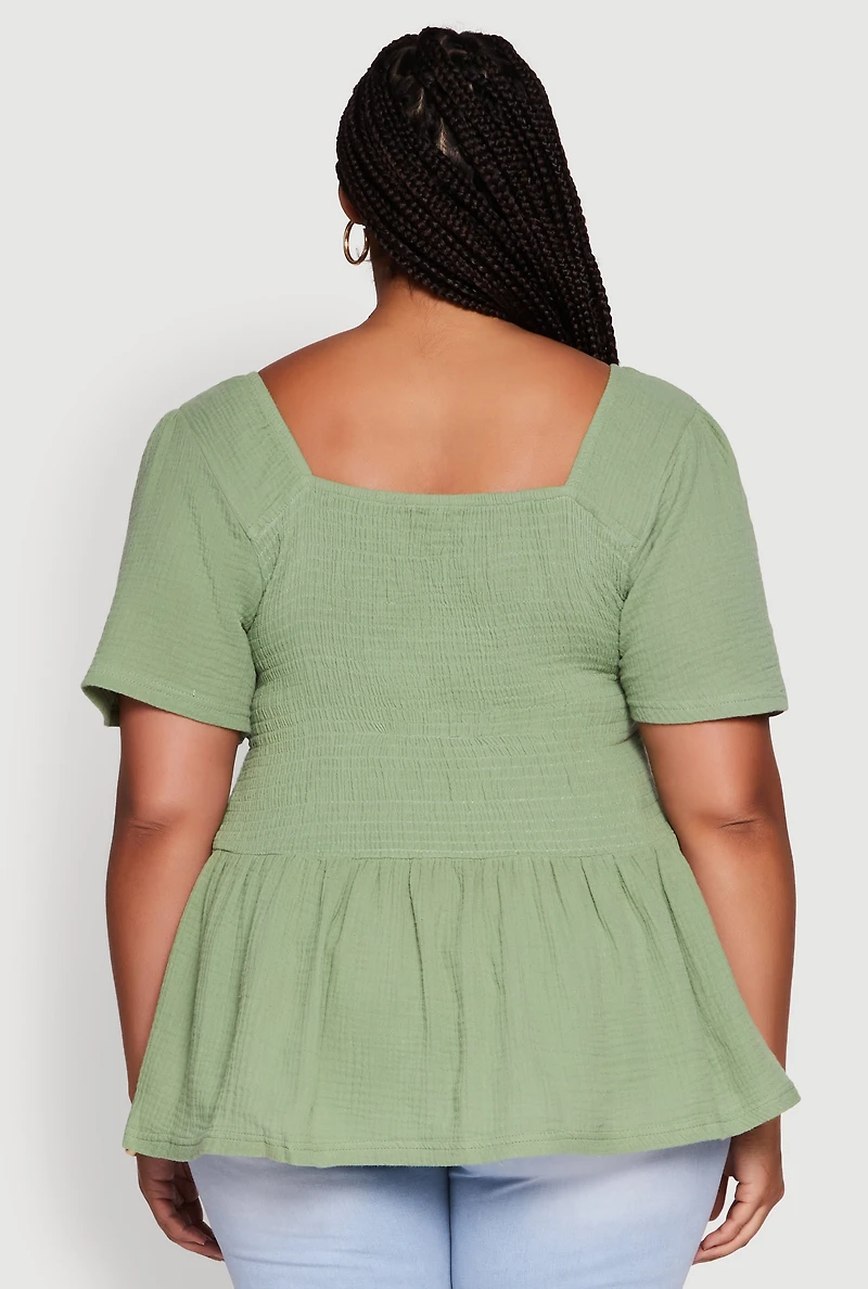 Womens Plus Size Smocked Square Neck Peplum Top, Green, Size 3X