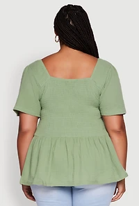 Womens Plus Size Smocked Square Neck Peplum Top, Green, Size 3X