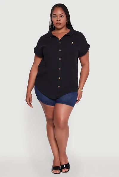 Womens Plus Dolman Sleeve Classic Button Front Shirt,