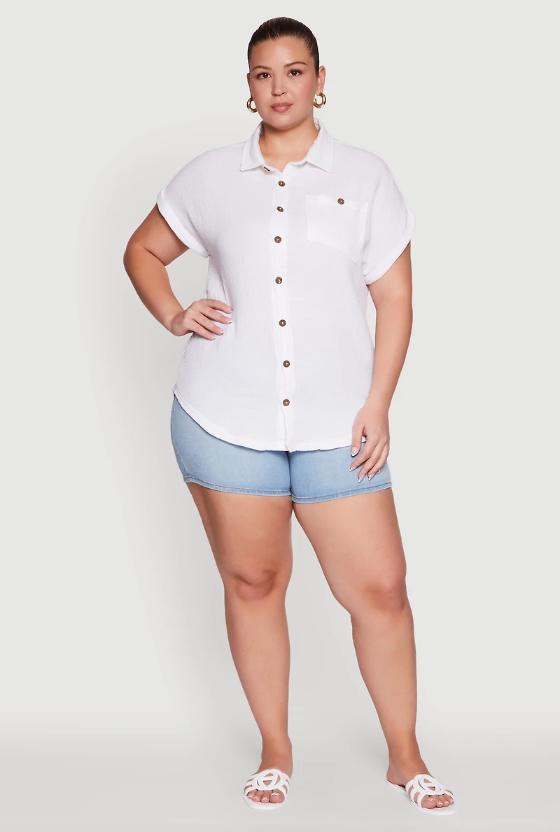 Womens Plus Size Dolman Sleeve Classic Button Front Shirt, White, Size 4X
