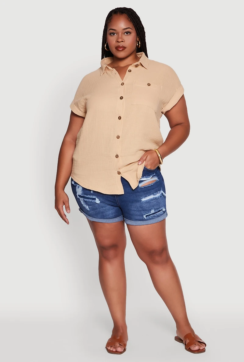 Womens Plus Dolman Sleeve Classic Button Front Shirt,