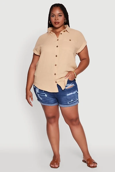Womens Plus Dolman Sleeve Classic Button Front Shirt,