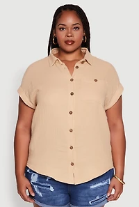 Womens Plus Dolman Sleeve Classic Button Front Shirt,