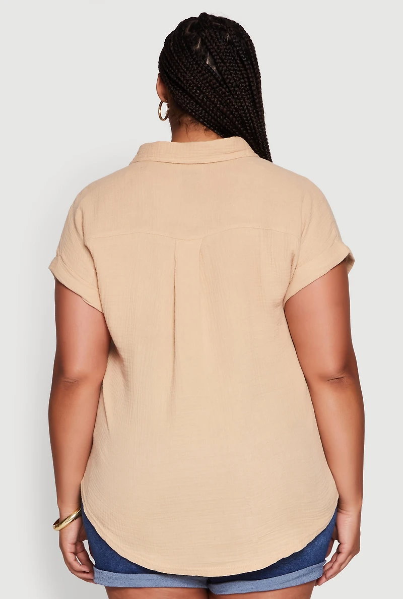 Womens Plus Dolman Sleeve Classic Button Front Shirt,