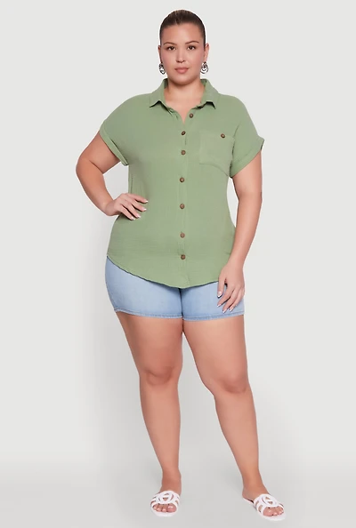 Womens Plus Dolman Sleeve Classic Button Front Shirt, 2X