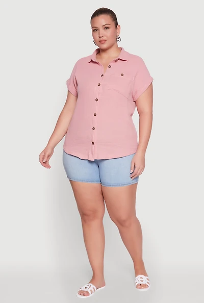Womens Plus Size Dolman Sleeve Classic Button Front Shirt, Pink, Size 1X