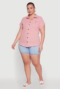 Womens Plus Size Dolman Sleeve Classic Button Front Shirt, Pink, Size 1X