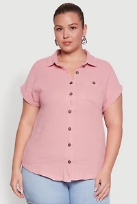 Womens Plus Size Dolman Sleeve Classic Button Front Shirt, Pink, Size 1X