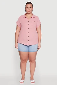 Womens Plus Size Dolman Sleeve Classic Button Front Shirt, Pink, Size 1X