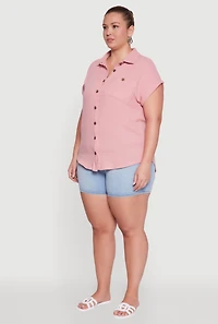 Womens Plus Size Dolman Sleeve Classic Button Front Shirt, Pink, Size 1X