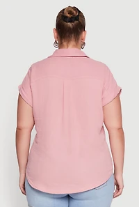 Womens Plus Size Dolman Sleeve Classic Button Front Shirt, Pink, Size 1X