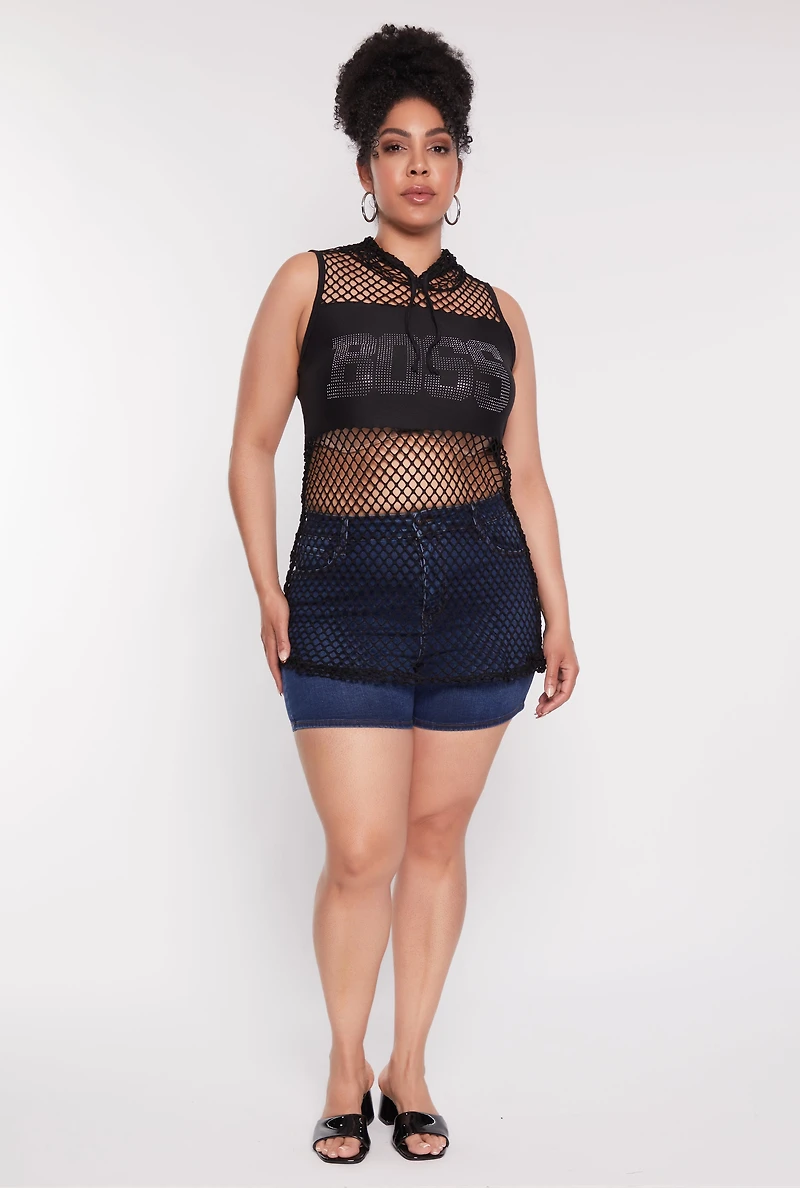 Womens Plus Fishnet Boss Rhinestone Hooded Tank Top,