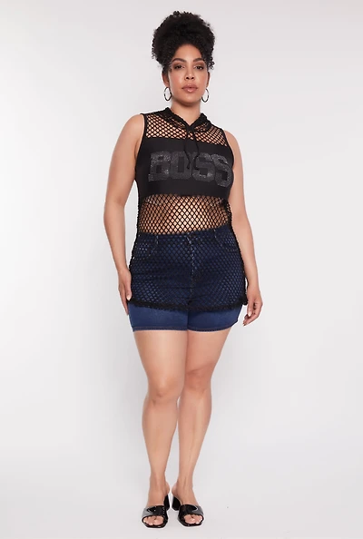 Womens Plus Fishnet Boss Rhinestone Hooded Tank Top,