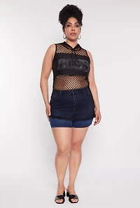 Womens Plus Fishnet Boss Rhinestone Hooded Tank Top,