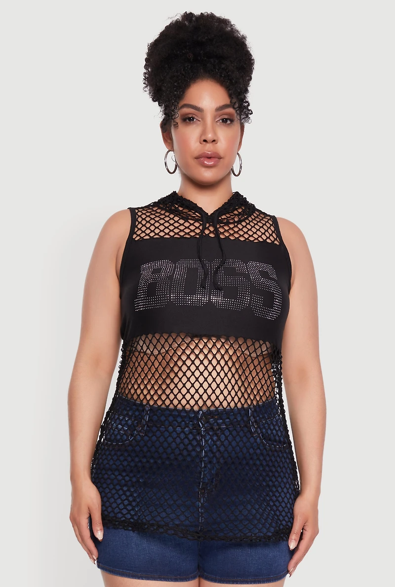 Womens Plus Fishnet Boss Rhinestone Hooded Tank Top,