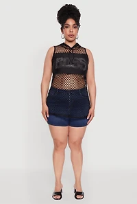Womens Plus Fishnet Boss Rhinestone Hooded Tank Top,