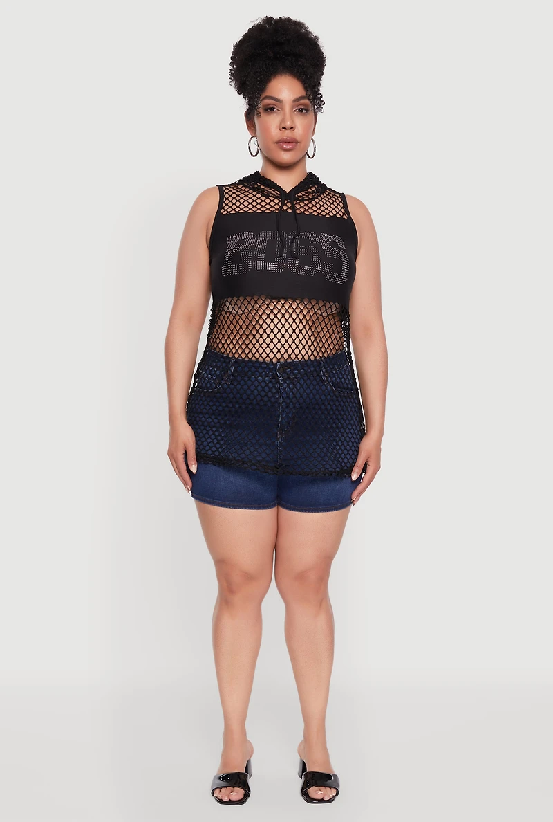 Womens Plus Size Fishnet Boss Rhinestone Hooded Tank Top, Black, Size 2X