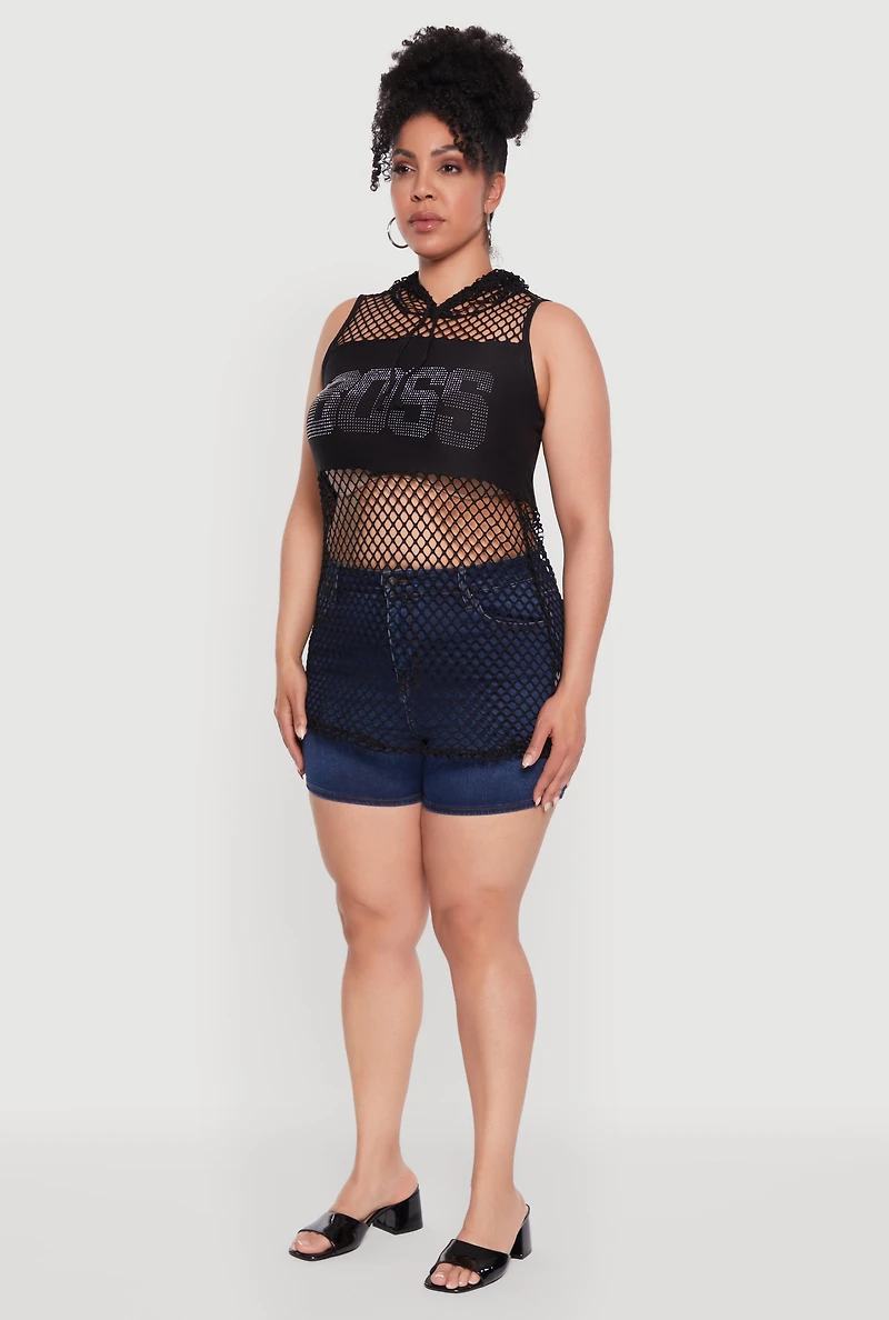 Womens Plus Size Fishnet Boss Rhinestone Hooded Tank Top, Black, Size 2X