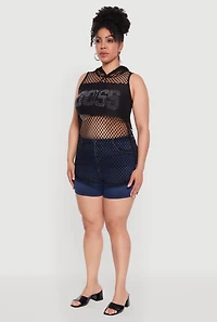 Womens Plus Size Fishnet Boss Rhinestone Hooded Tank Top, Black, Size 2X