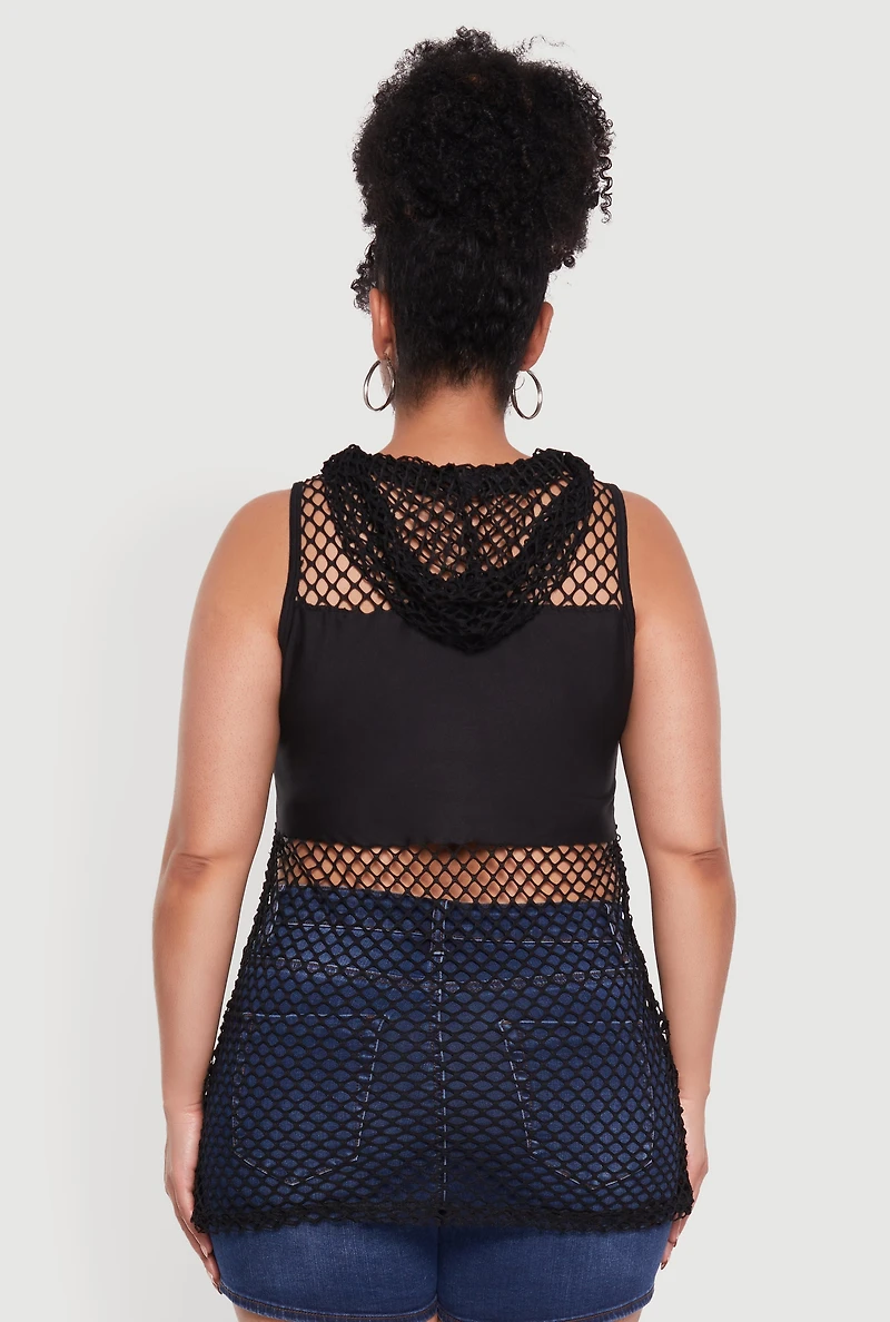 Womens Plus Fishnet Boss Rhinestone Hooded Tank Top,