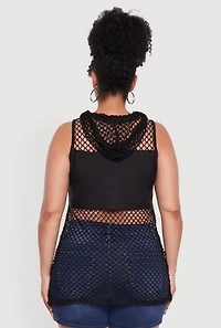 Womens Plus Fishnet Boss Rhinestone Hooded Tank Top,