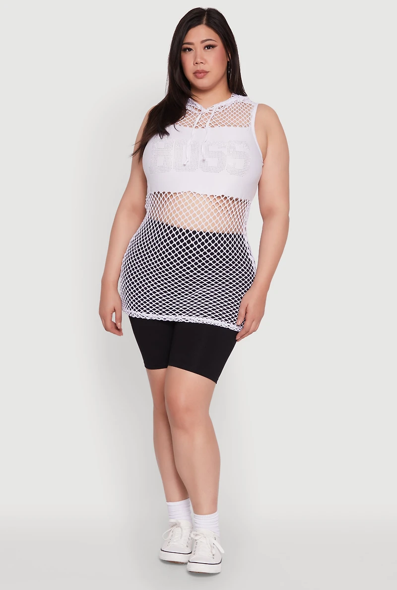 Womens Plus Size Fishnet Boss Rhinestone Hooded Tank Top, White, Size 1X