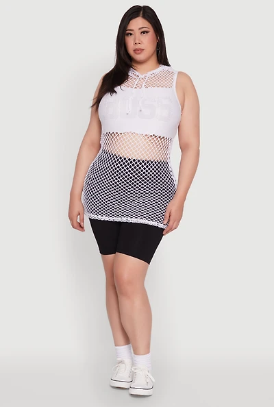 Womens Plus Size Fishnet Boss Rhinestone Hooded Tank Top, White, Size 1X