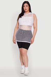Womens Plus Size Fishnet Boss Rhinestone Hooded Tank Top, White, Size 1X