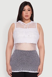 Womens Plus Size Fishnet Boss Rhinestone Hooded Tank Top, White, Size 1X