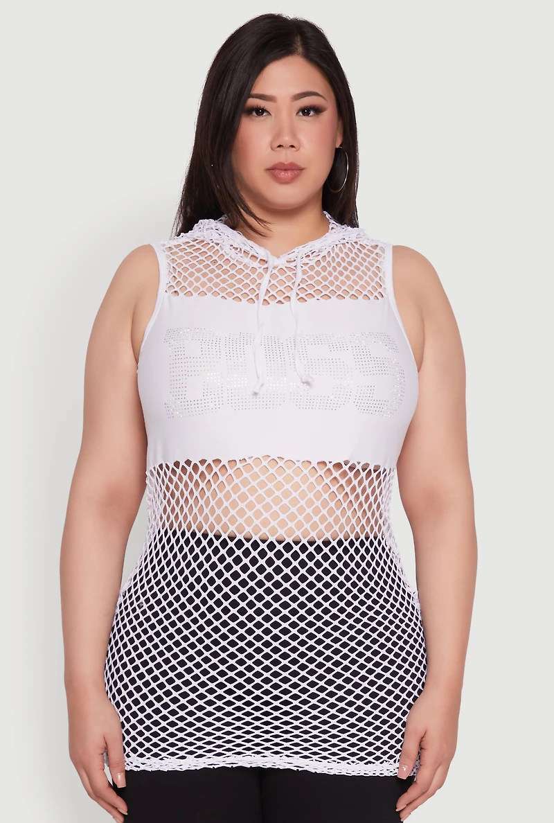 Womens Plus Size Fishnet Boss Rhinestone Hooded Tank Top, White, Size 2X