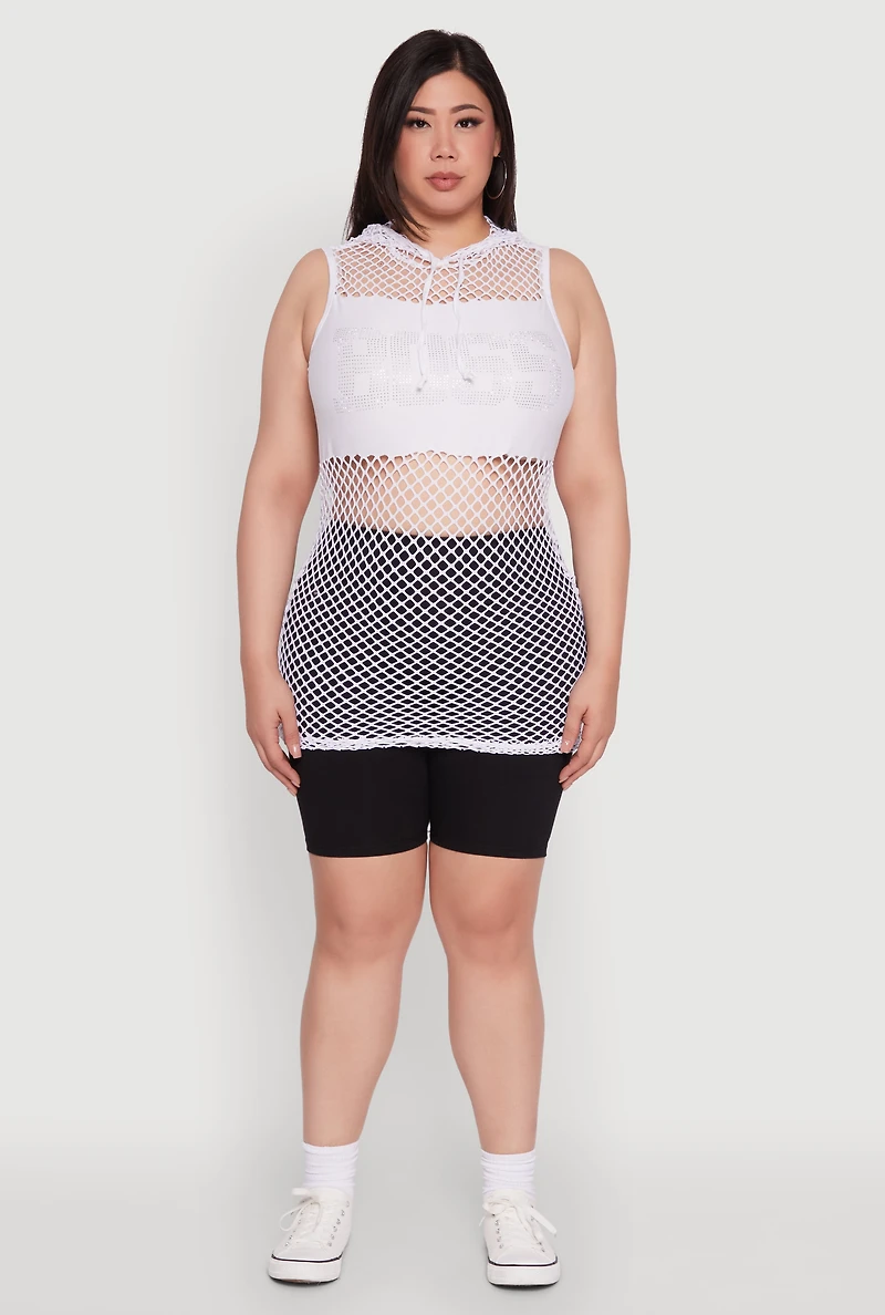 Plus Fishnet Boss Rhinestone Hooded Tank Top